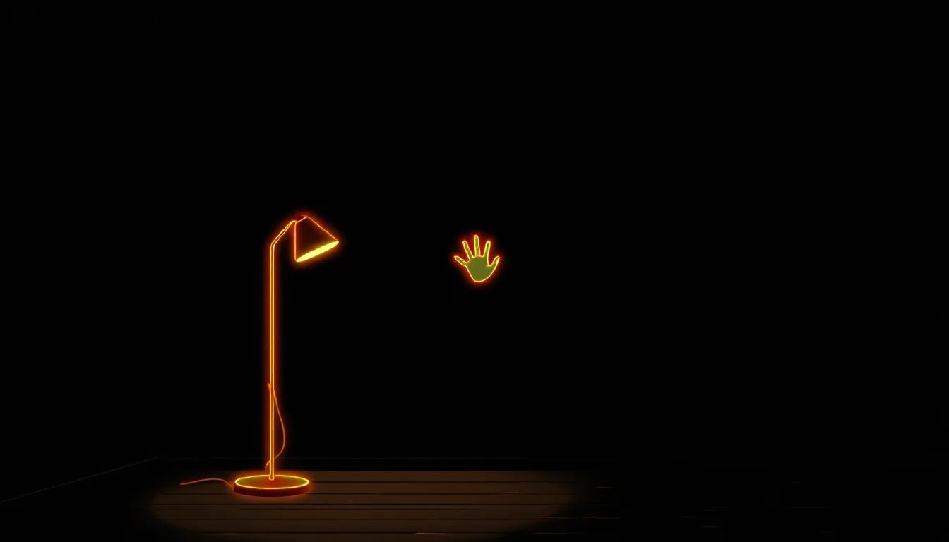 A single floor lamp in a dark, empty living room, with a pale hand reaching out of the wall behind it