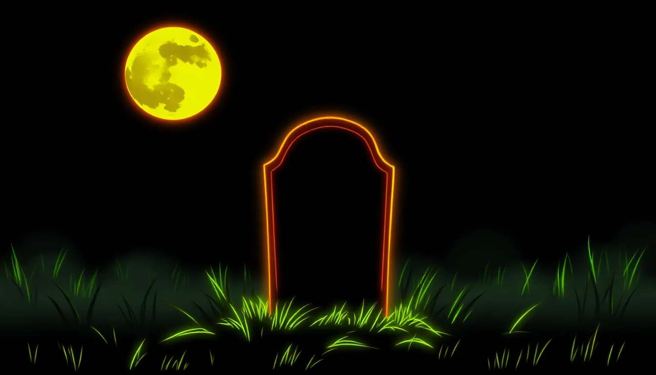 A crooked gravestone in the fog beneath a large full moon