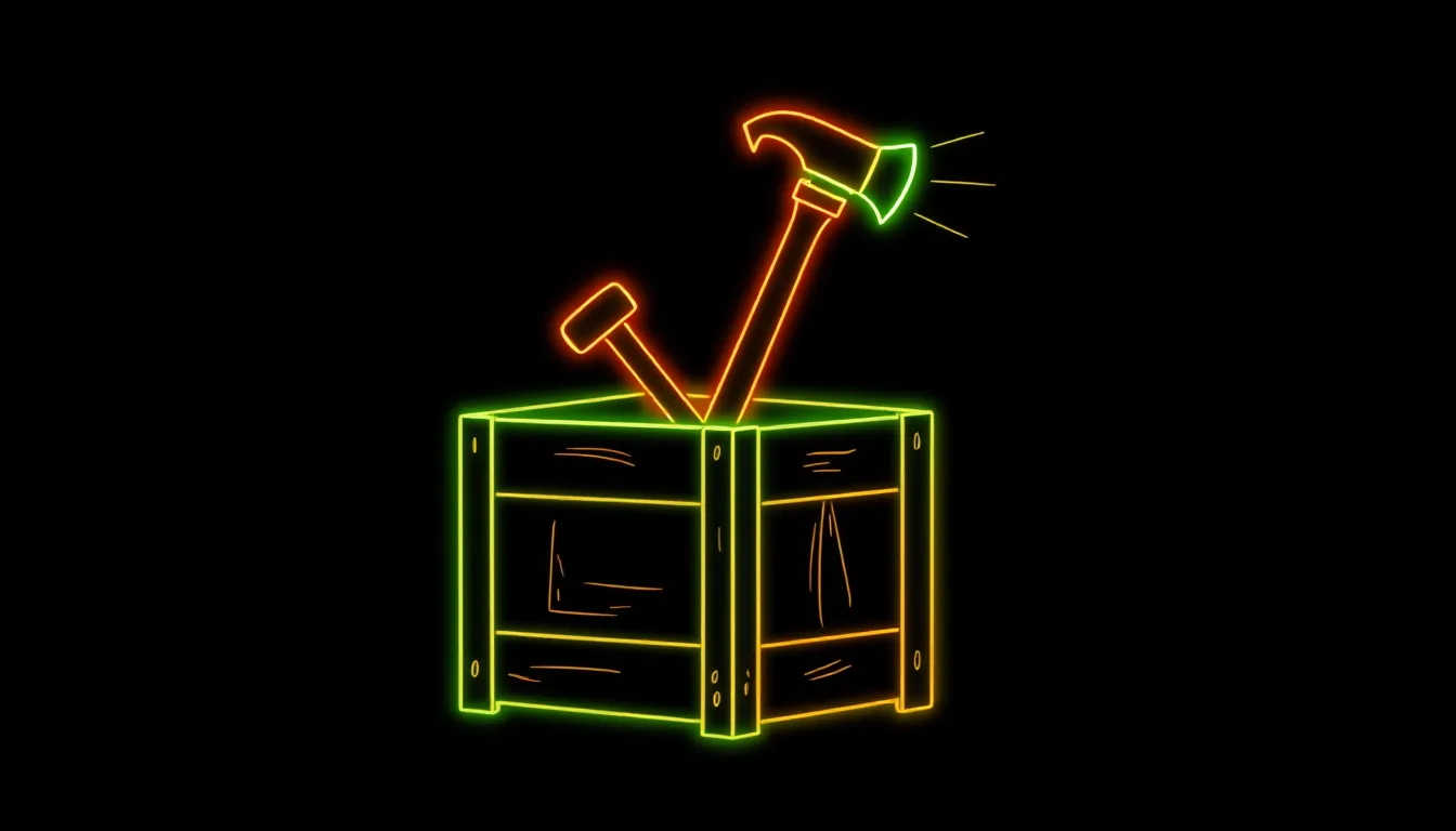 An open wooden crate on a dark background, containing an axe and a torch