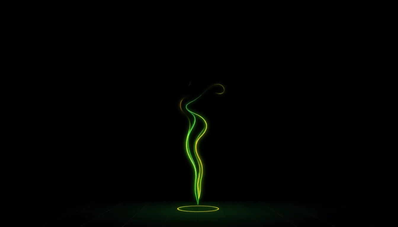 A single plume of smoke rises from the floor in a dark empty room