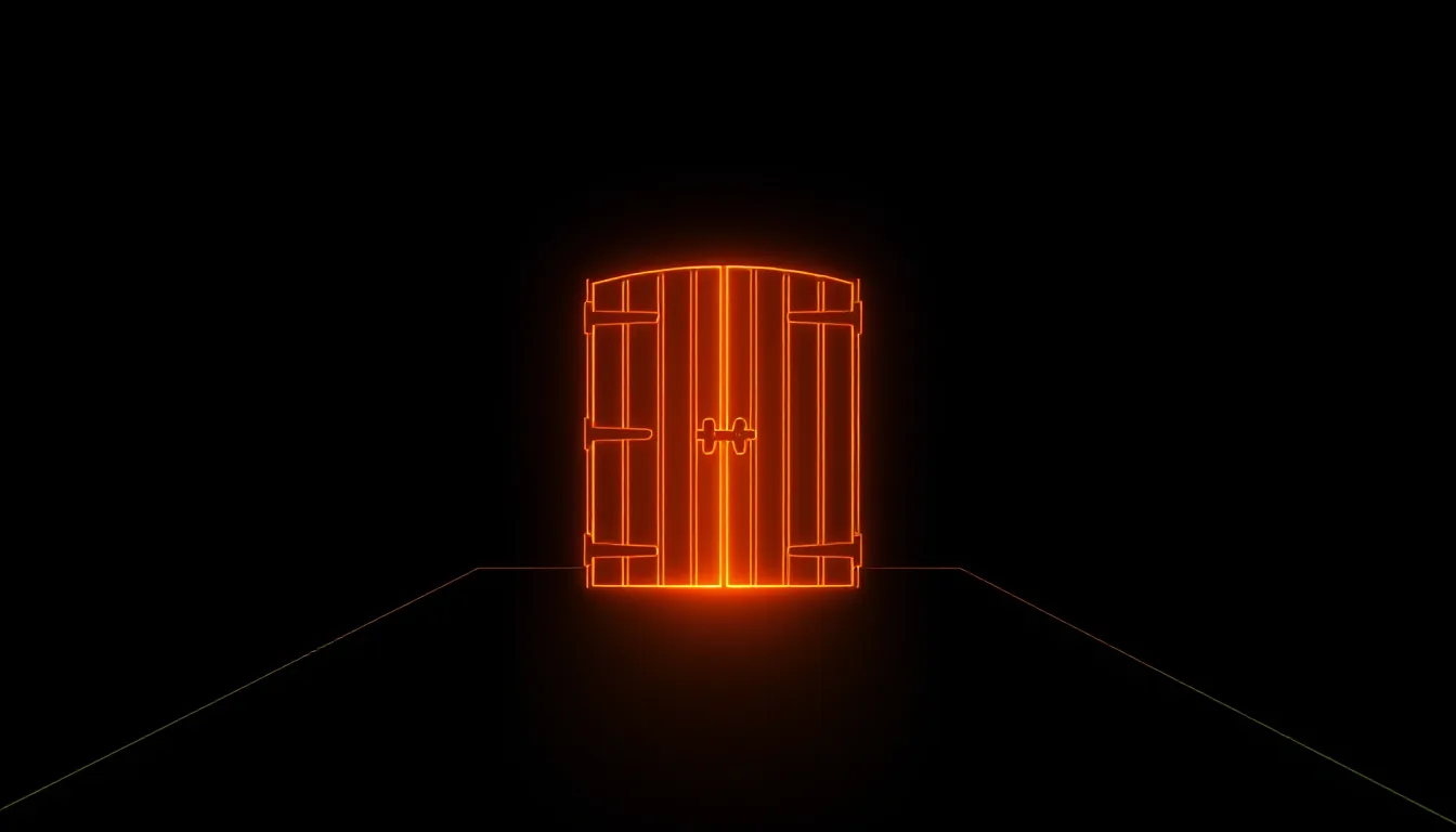 A closed, locked wooden gate in a dark corridor, with a single beam of light in front of it