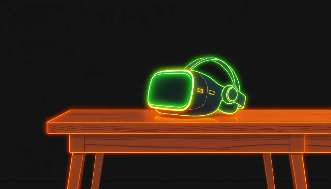 An older VR headset sits on a wooden table in a grey, colourless room
