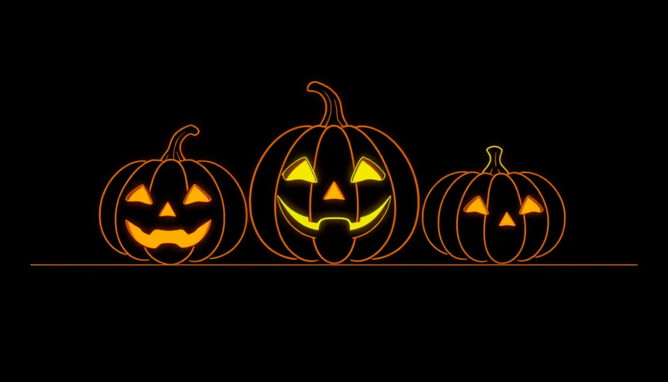 Three hollowed-out pumpkins stand side by side on a dark shelf, one of them glowing