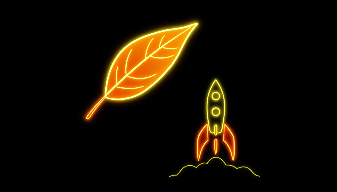 A glowing autumn leaf floats above a small rocket launch pad