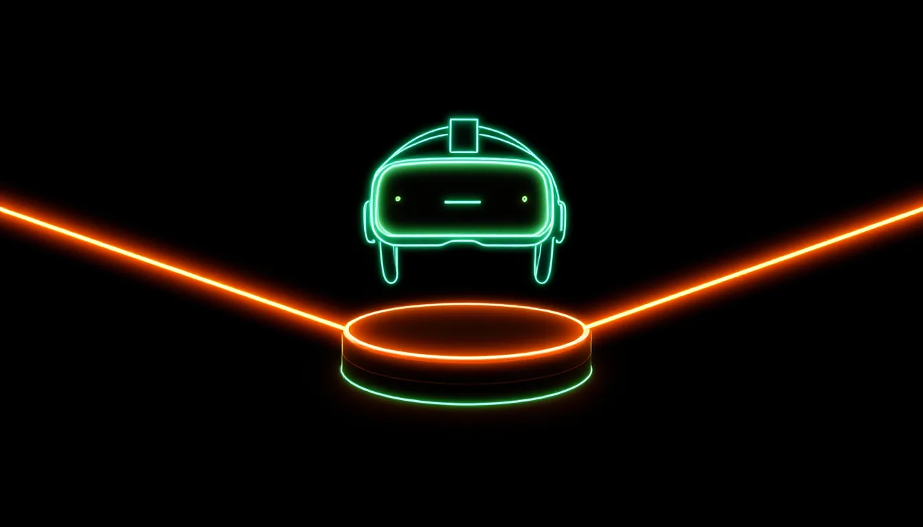 A VR headset sits on a glowing round start platform crossed by two laser beams