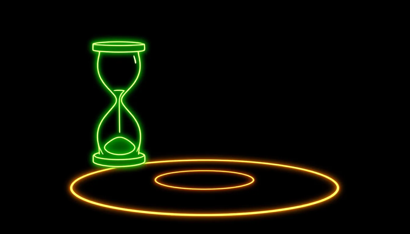 An hourglass stands next to a glowing round floor platform