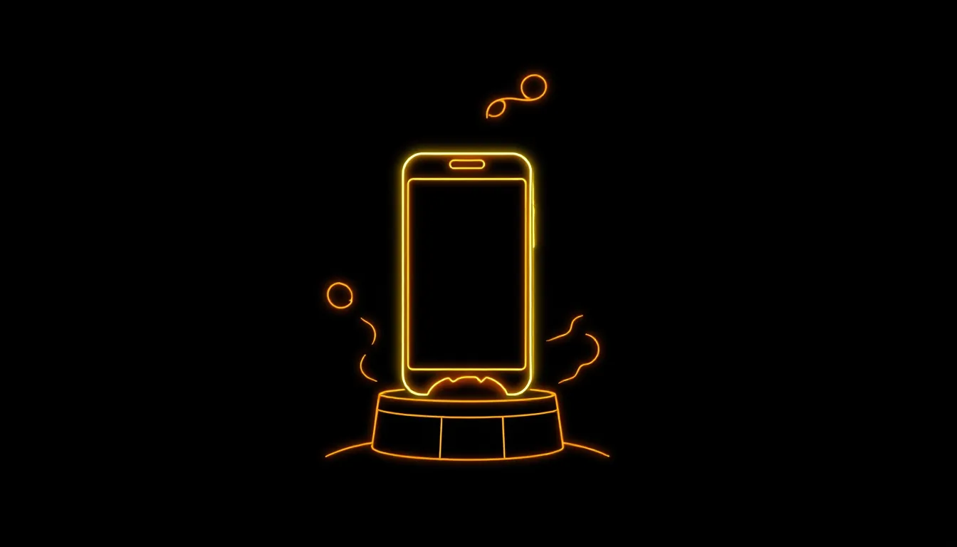 A glowing smartphone with a blank screen sits on a launch pad, smoke rising above it