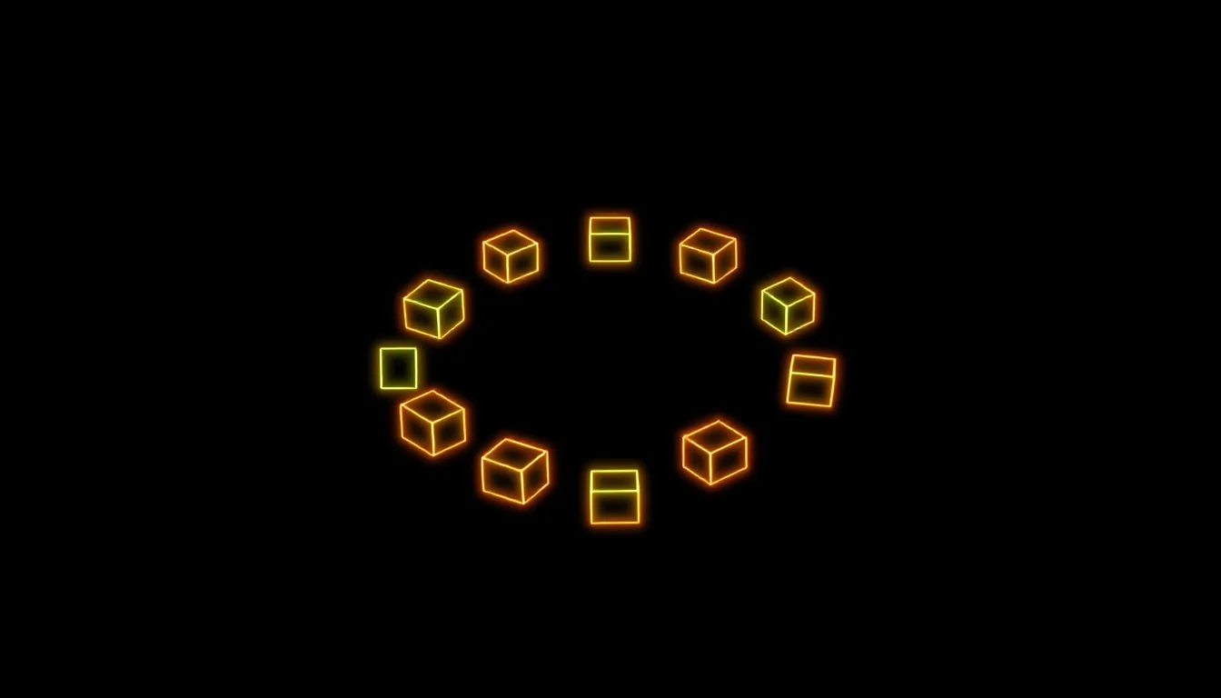 Twelve glowing cubes float in a loose circle against a black background