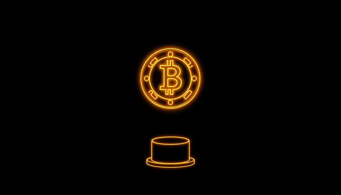 A single glowing coin hovers above a small pedestal against a black background