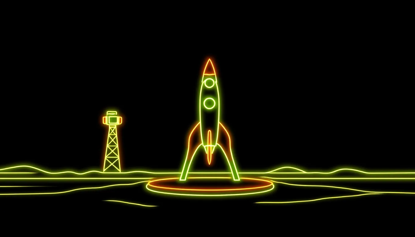 A rocket stands on a launch pad, with a plain control tower glowing beside it