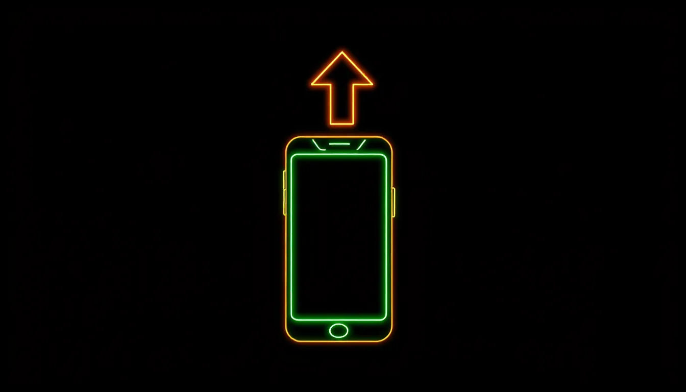 A smartphone in portrait orientation with a blank glowing screen, and a large upward arrow above it