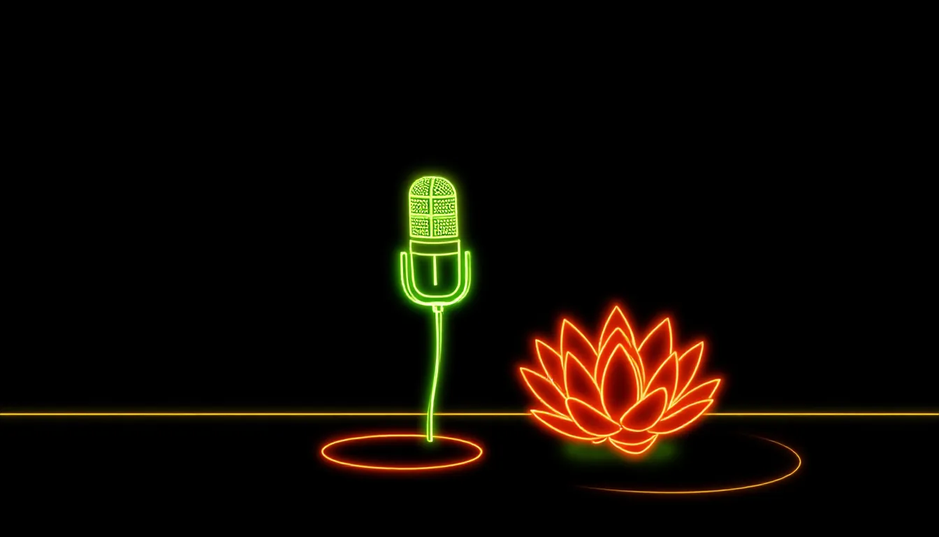 A floating microphone next to a small lotus blossom against a black background