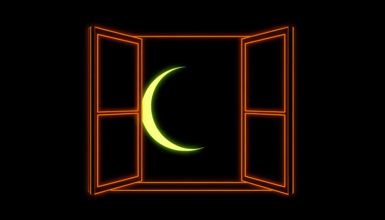 A single window with a thin crescent moon against a dark sky