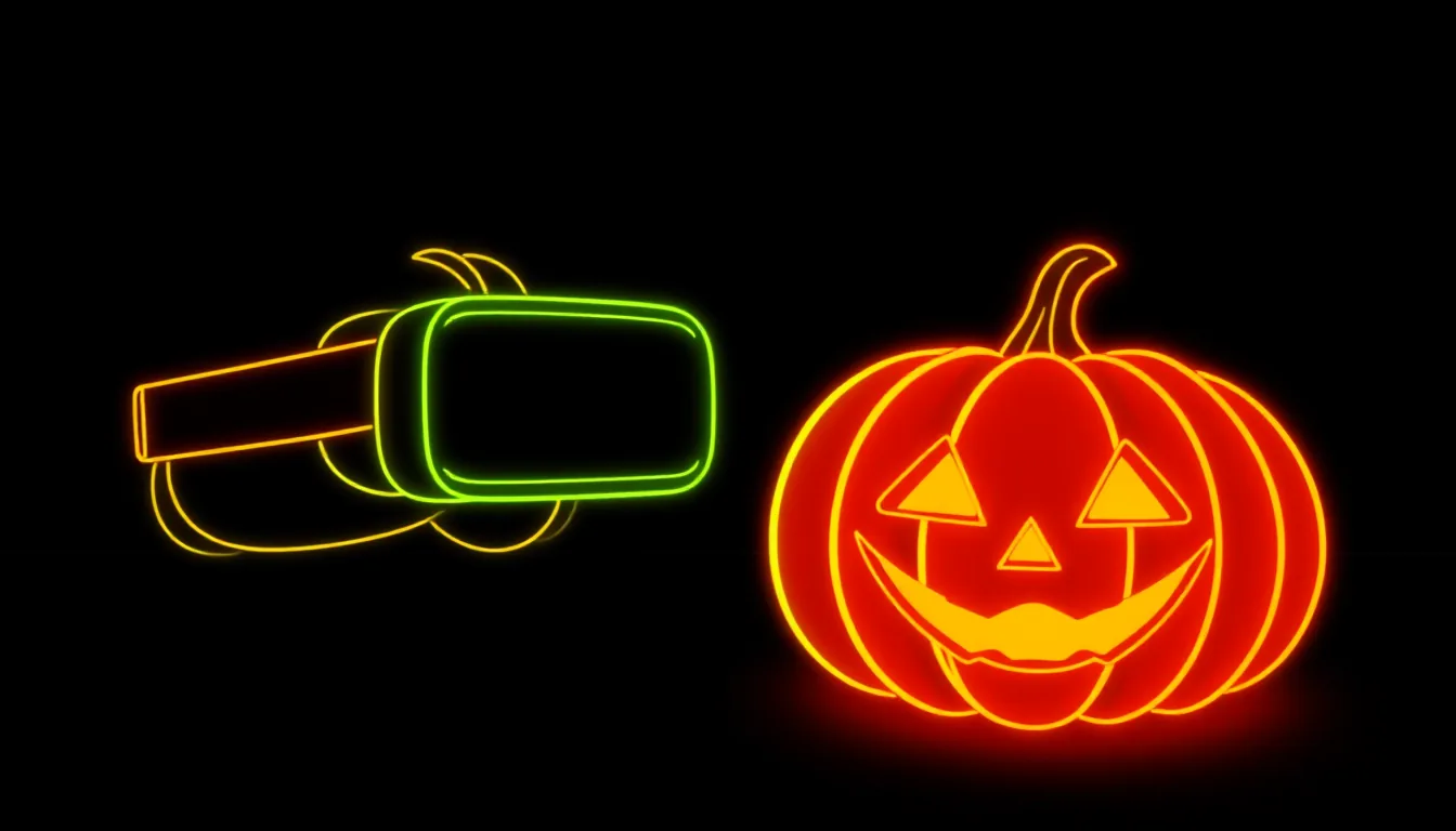 A glowing pumpkin next to a VR headset on a black background