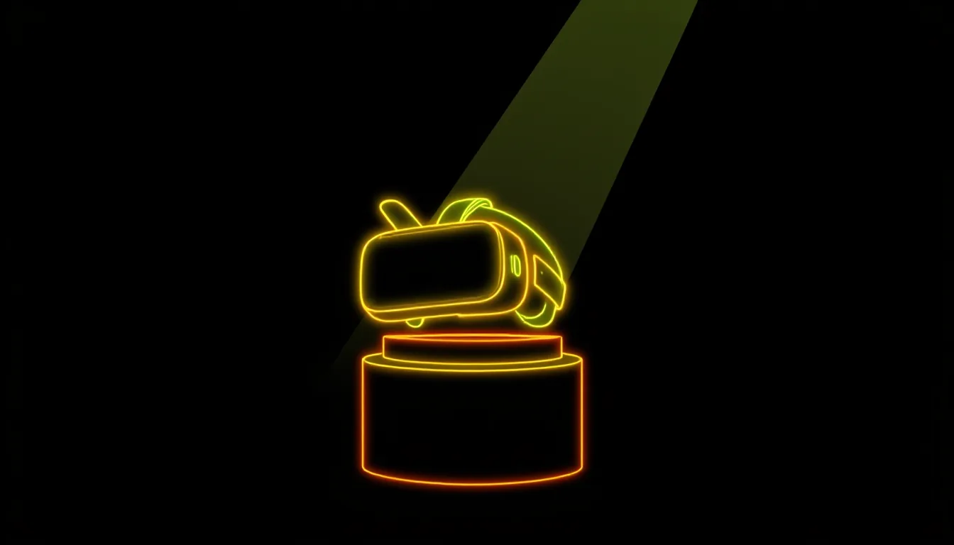 A VR headset on a plinth under a spotlight, beside a tick made of light