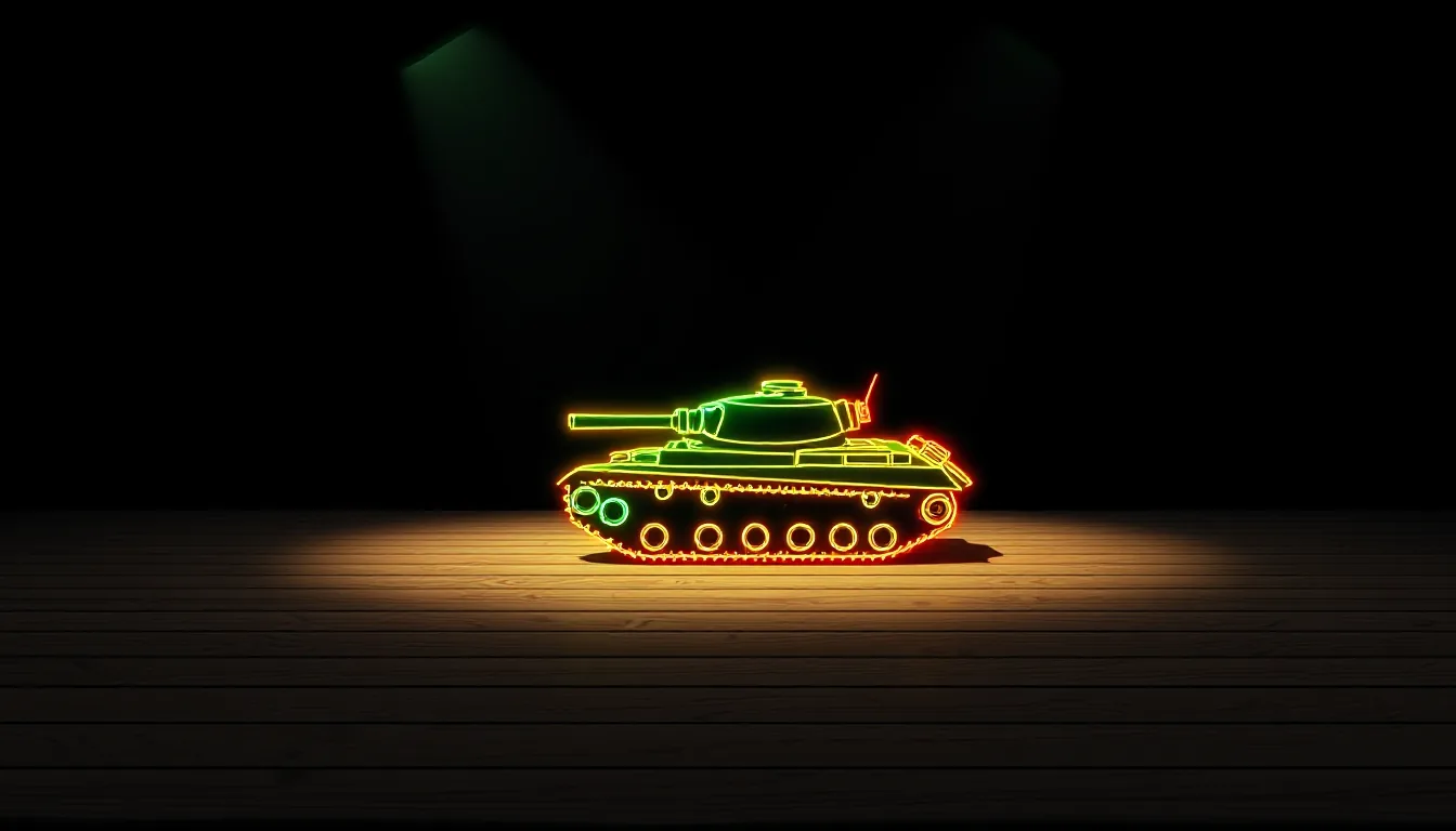 A small toy tank on a bare wooden floor under a single cone of light