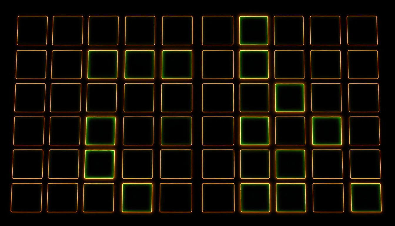 A grid of square floor tiles, some of them glowing brightly